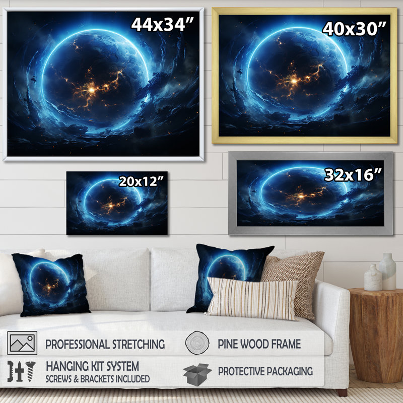 Blanc et bleu, espace cosmique II, art mural, H 16 po x l 32 po x P 1 po, Toile tendue