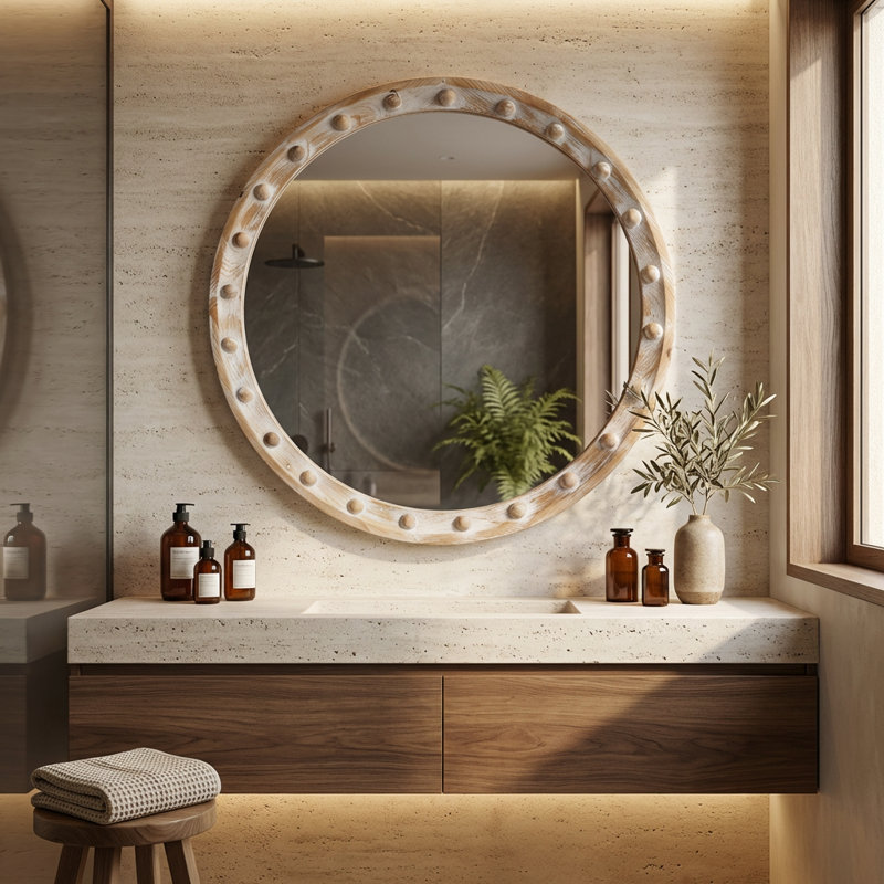 Miroir mural vintage rétro rustique avec cadre en bois vieilli et détail de rivet