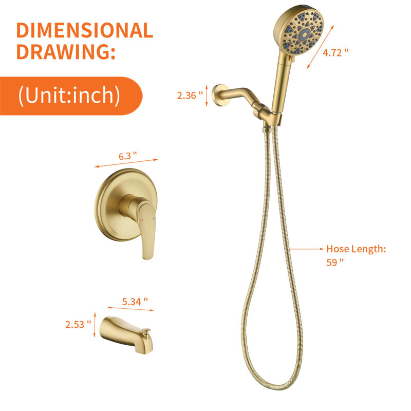 Diverter Complete Shower System with Rough in-Valve, Brushed Gold