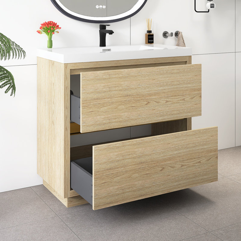 Meuble-lavabo sur pied 36 po avec lavabo, Bois de chêne naturel