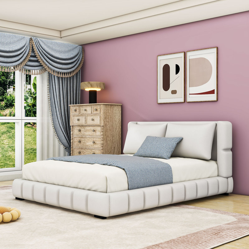Lit plateforme tapissier avec 2 coussins, Grand lit, Blanc