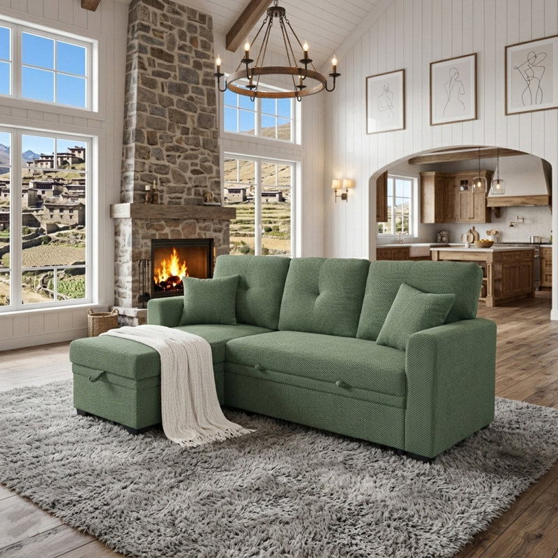 Canapé-lit modulaire convertible avec lit escamotable Mothen, Vert foncé - méridienne droite