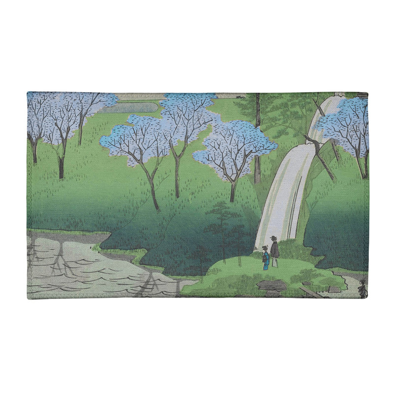Tapis chiyogaike étang avec fleurs vert/bleu/brun, Rectangle 2 pi x 3 pi