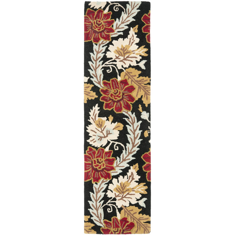 Emrick Hand Hooked Wool/Cotton/Latex Floral Rug in Black, Runner 2'3" x 8'