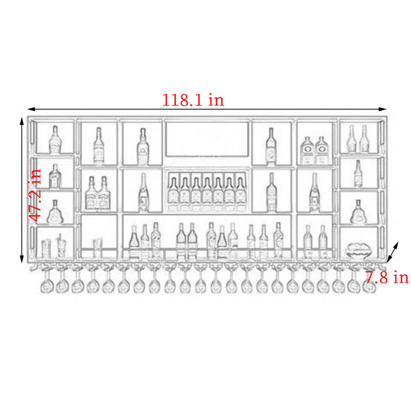 Support à vin mural laqué, H 47,2 po x l 118,1 po x P 7,8 po, Noir, noir, noir, noir