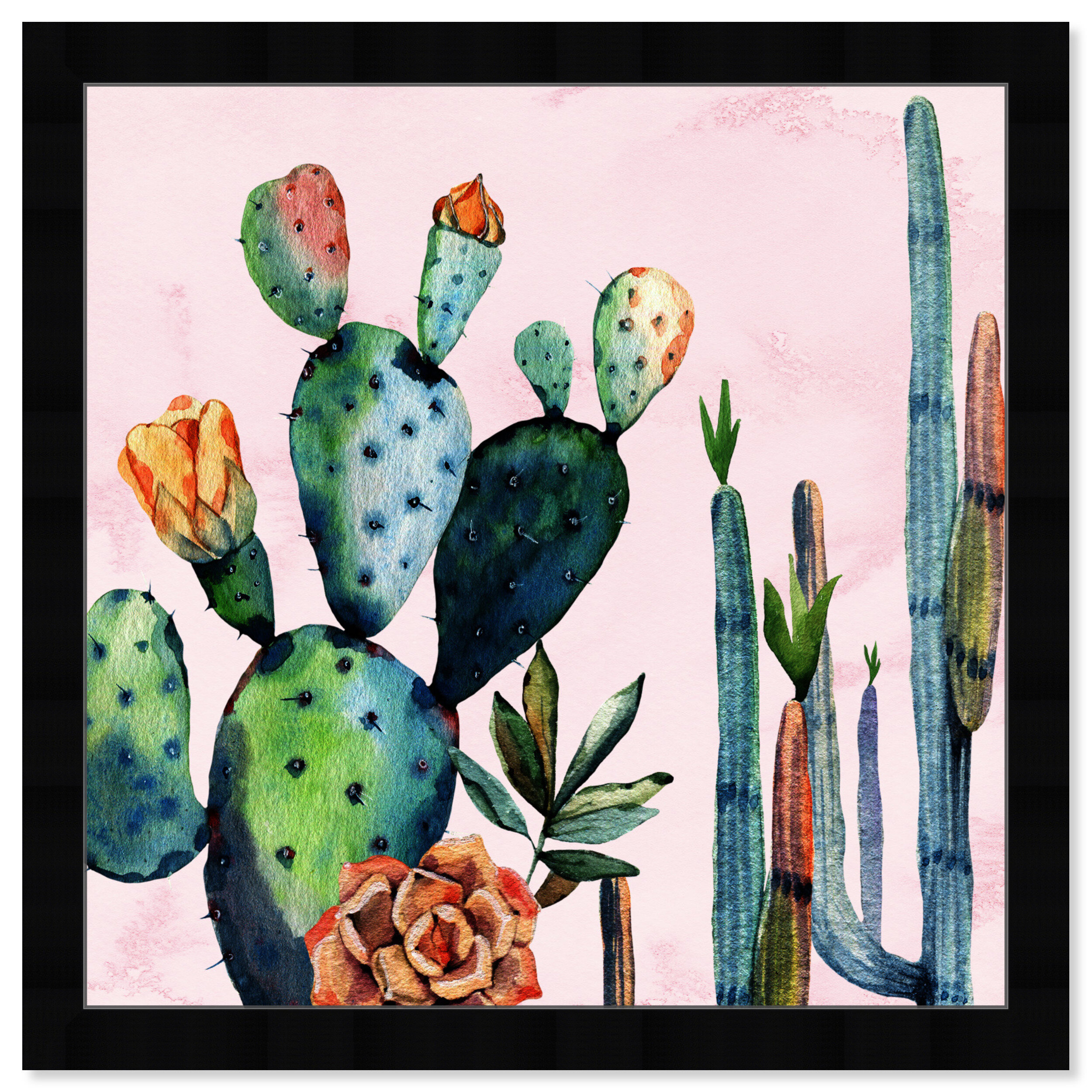 Card Painting Flowers, Cacti and Landscape Watercolor Art Painting