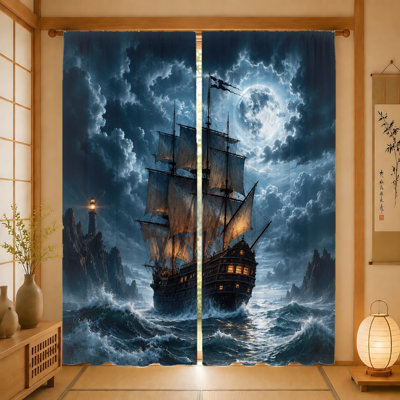 2Pcs Vintage Sailing Ship Curtains, Light Filtering Fabric, Dramatic Seascape with Lighthouse Print, Rod Pocket Design, for Living Room, Bedroom, Balcony, Kitchen Home Decoration