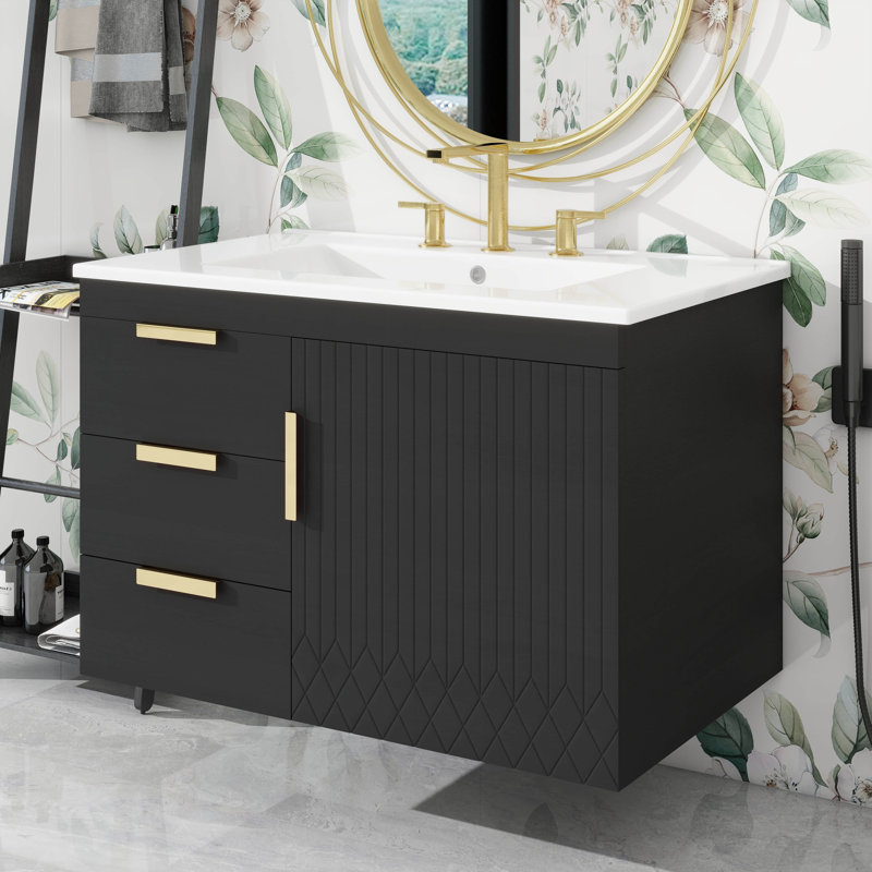 Meuble-lavabo mural moderne 30 po avec lavabo en céramique - Porte et tiroirs à fermeture en douceur pour un rangement élégant