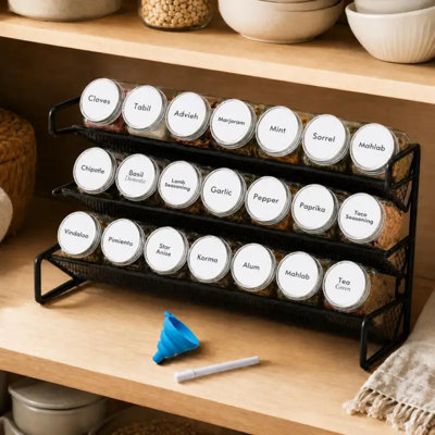 Étagère à épices avec 21 pots à épices, 386 étiquettes d'épices, marqueur à craie et entonnoir pour armoire, comptoir, garde-manger, armoire, porte et fixation murale