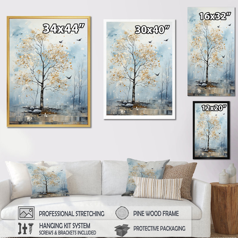 «Soft Blue Tones Maple Tree I», reproduction sur toile, H 32 po x l 16 po x P 1 po, Cadre photo argenté