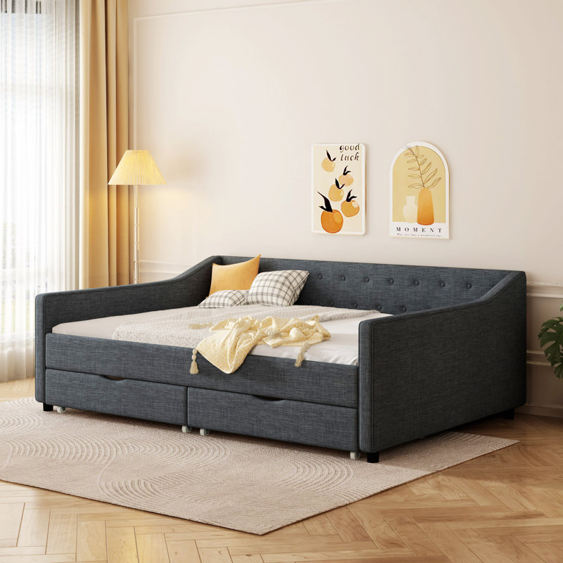 Daybed With Drawers, Upholstered Bed With Button Tufted Design And Arms, Full/Double, Dark Gray