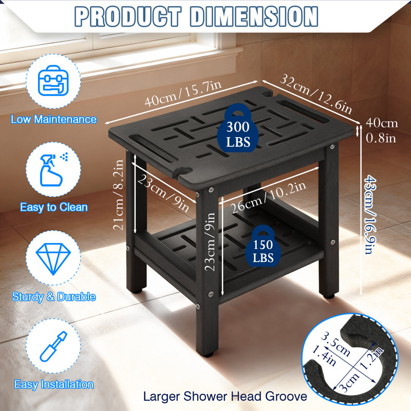 Hdpe Shower Bench For Inside Shower, Poly Corner Shower Stool For Shaving Legs, Heavy Duty 350Lbs Shower Seat With Storage Shelf, Waterproof Shower Foot Rest Shower Chair For Bathroom Indoor Outdoor Use,Grey/White/Black