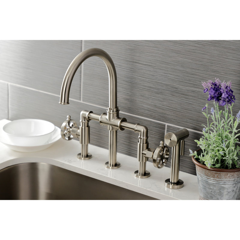 Kingston Brass Two-Handle 4-Hole Deck Mount Industrial Style Bridge Kitchen Faucet with Brass Side Sprayer, Brushed Nickel