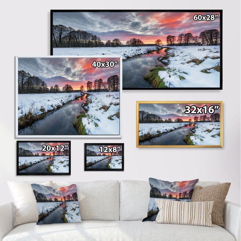 Winter Sunset River Banks - Photographie sur toile, H 12 po x l 20 po x P 1 po, Cadre blanc