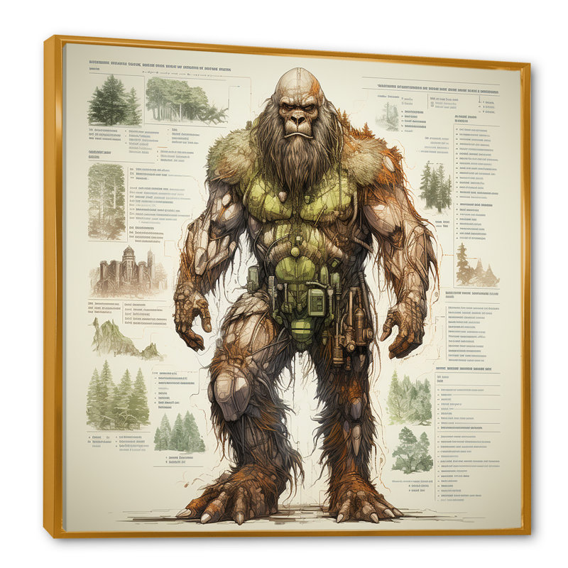 Schéma de dessin Bigfoot - Bigfoot Wall Art Living Room, Cadre flottant doré, H 16 po x l 16 po x P 1 po