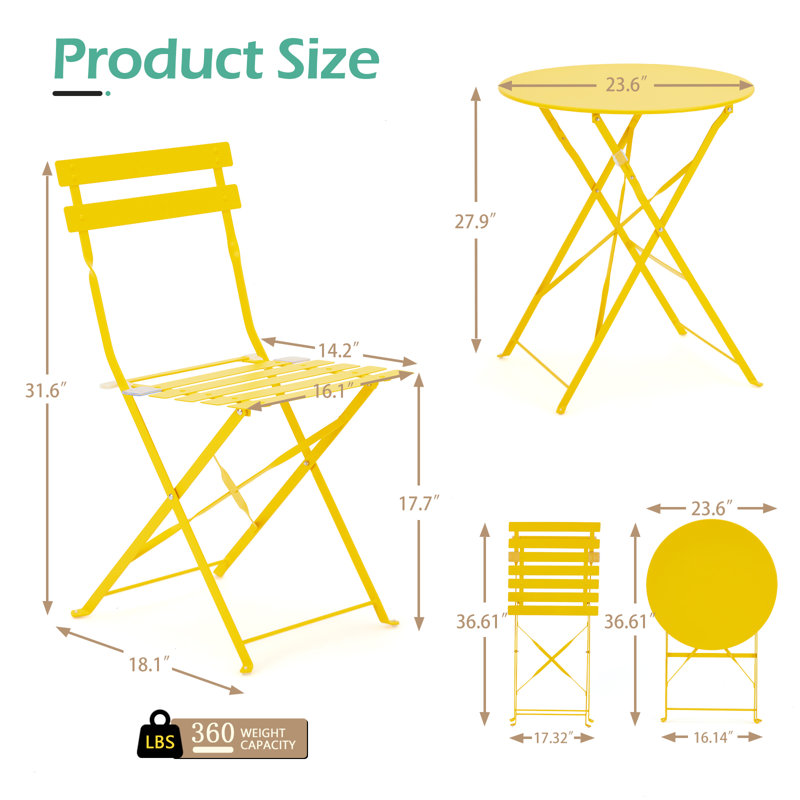 Anshu Iron Table And Folding Chair Set, 2 - Person Round Outdoor Dining Set, Yellow