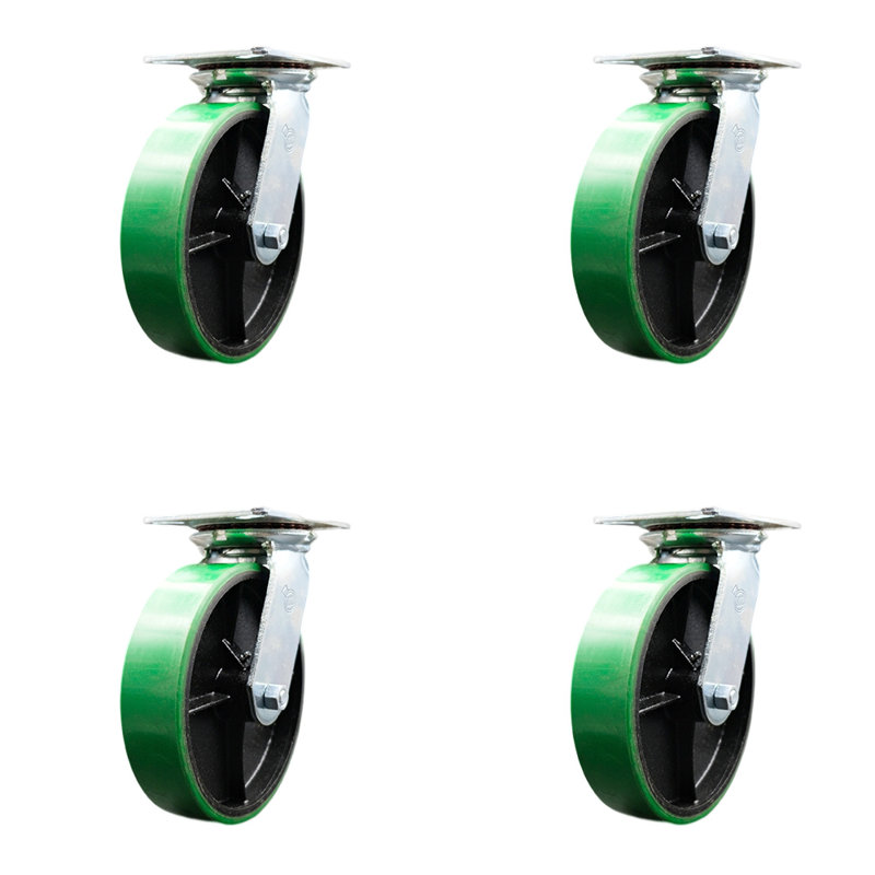8 Inch Heavy Duty Poly on Cast Iron Caster Set with Ball Bearings Set of 4, Green