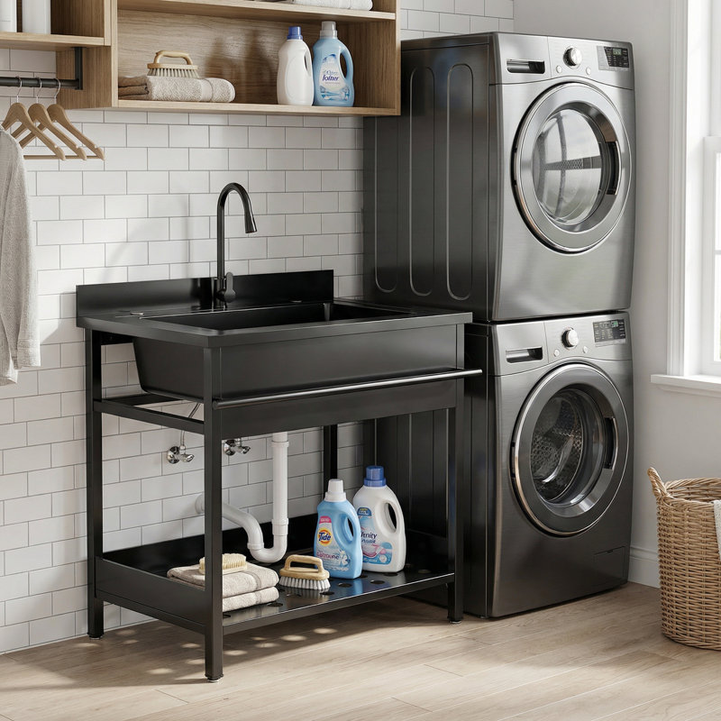 35" Stainless Steel Freestanding Utility Sink With Hot/cold Pull-out Faucet, Heavy-duty  Laundry Sinks For Laundry Room, Garage, Workshop, Greenhouse, Pet Care
