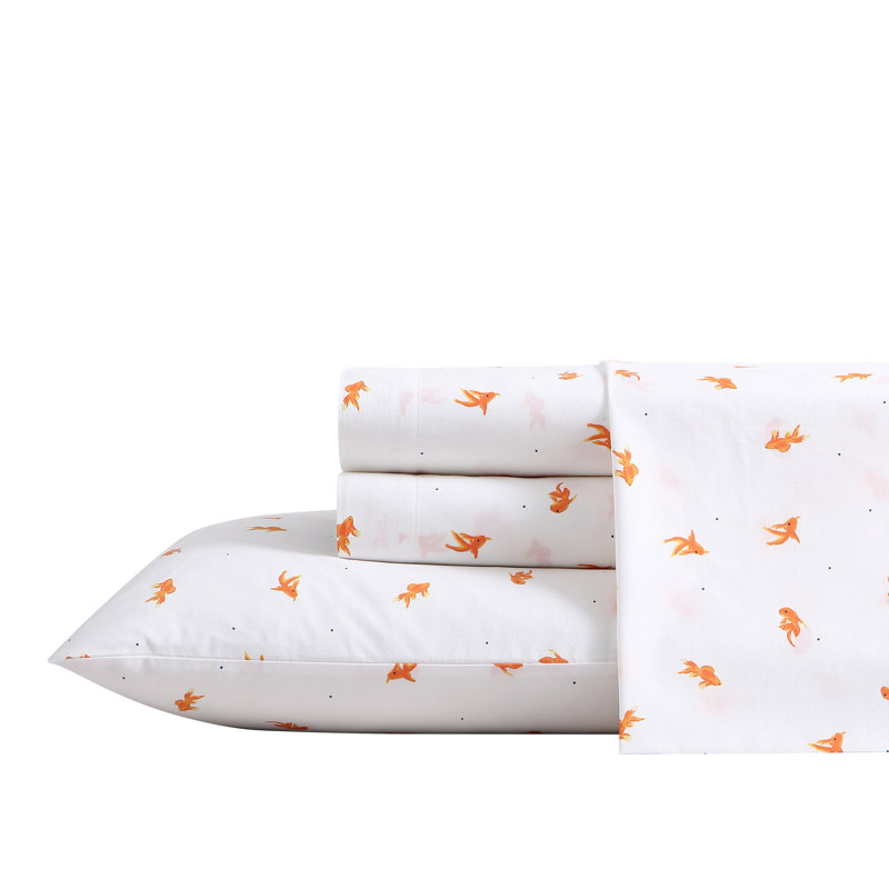 Ensemble de draps en coton percale Poppy & Fritz, Ensemble de draps grand lit + 2 taies d'oreiller, Orange poisson rouge