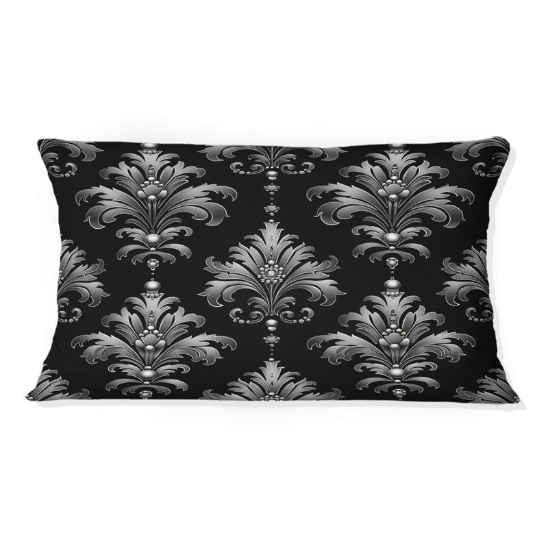 Coussin lombaire traditionnel à imprimé damassé noir et argent Glamour V