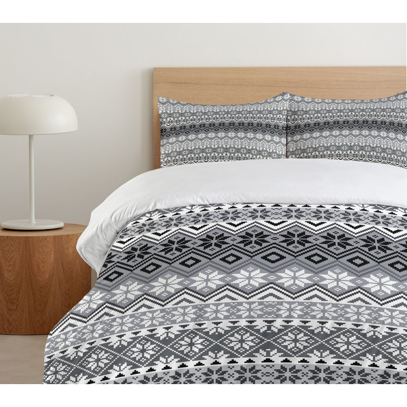 Gray and White Nordic Snowflake Knit Queen Duvet Cover Set