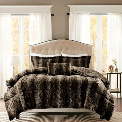 Luxury Beige Brown Faux Fur Comforter  4pc Size 4pc