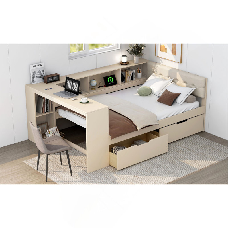 Wood Platform Bed With Storage Shelves, Drawers, Charging Station And Upholstered Headboard, Cream, Full