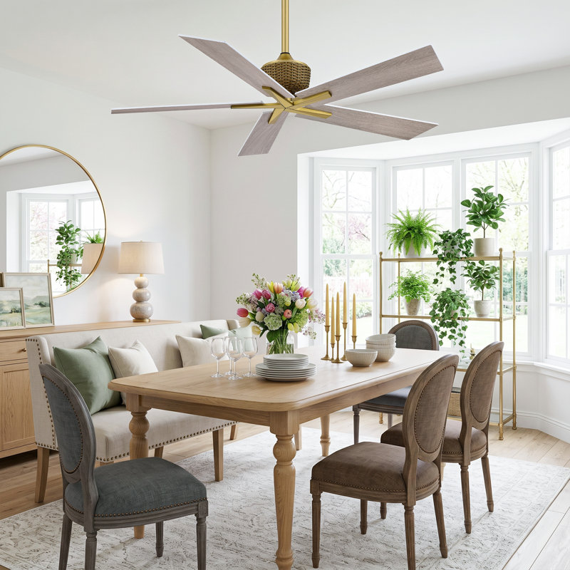 52" Modern Farmhouse Brass Ceiling Fan With Remote Control 5 Wood Blades 6 Speeds Reversible DC Motor No Light