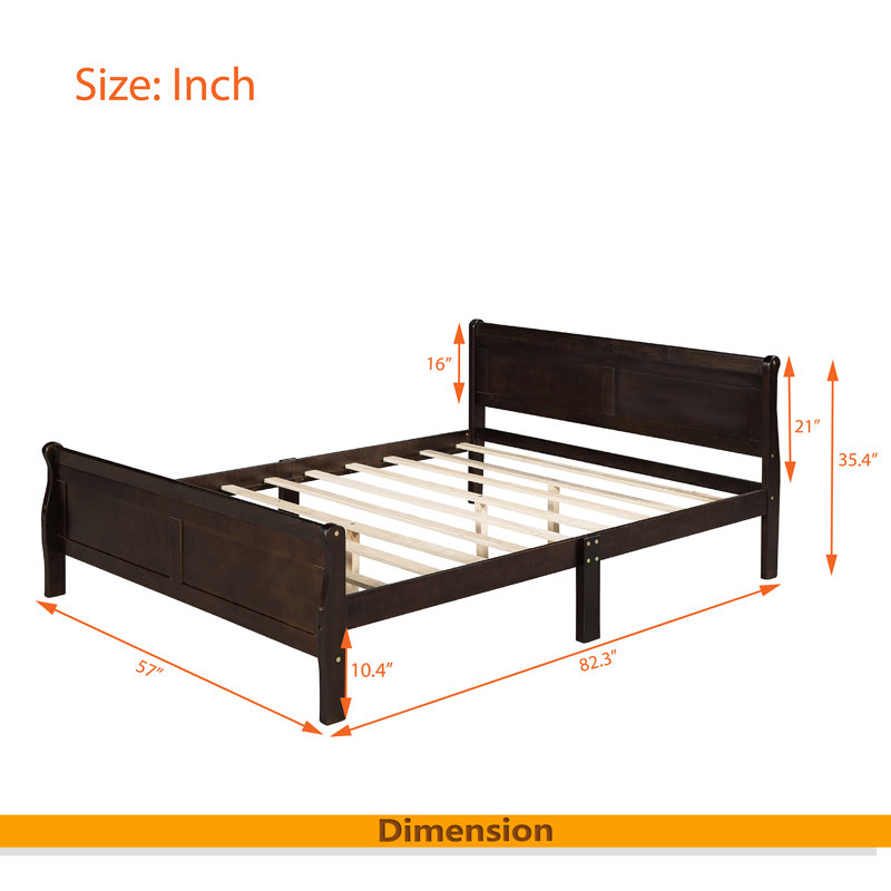 Lit plateforme double en bois avec tête de lit et lattes en bois, Espresso