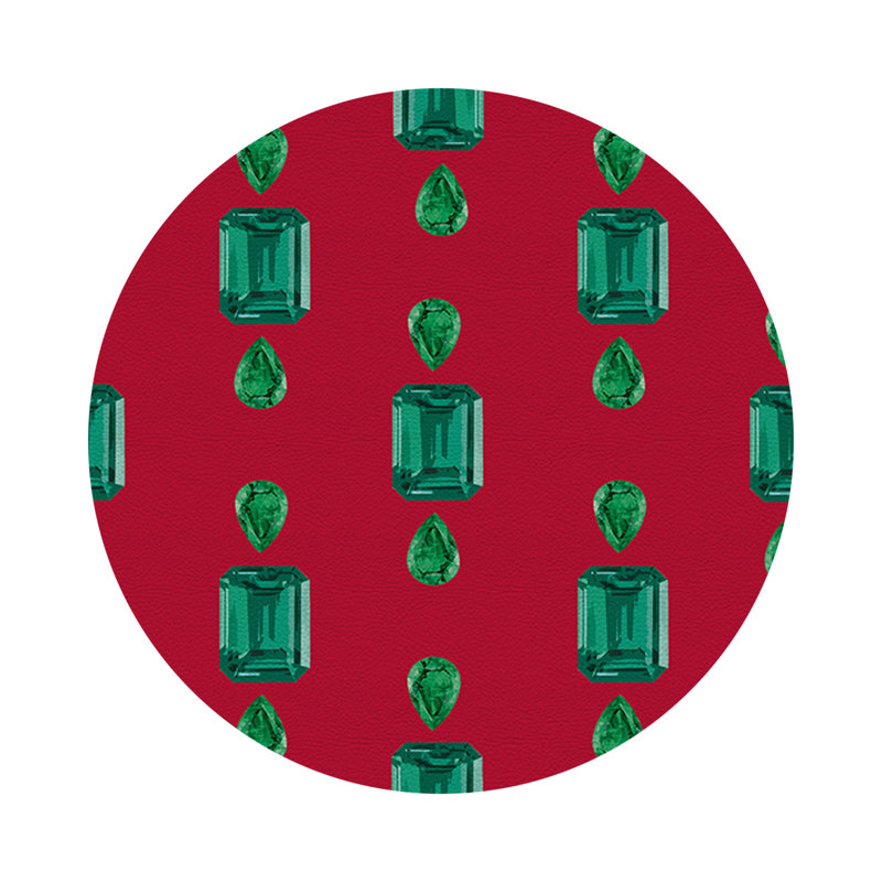 Gem Emeralds Gold Vegan Leather Round Coasters, Red