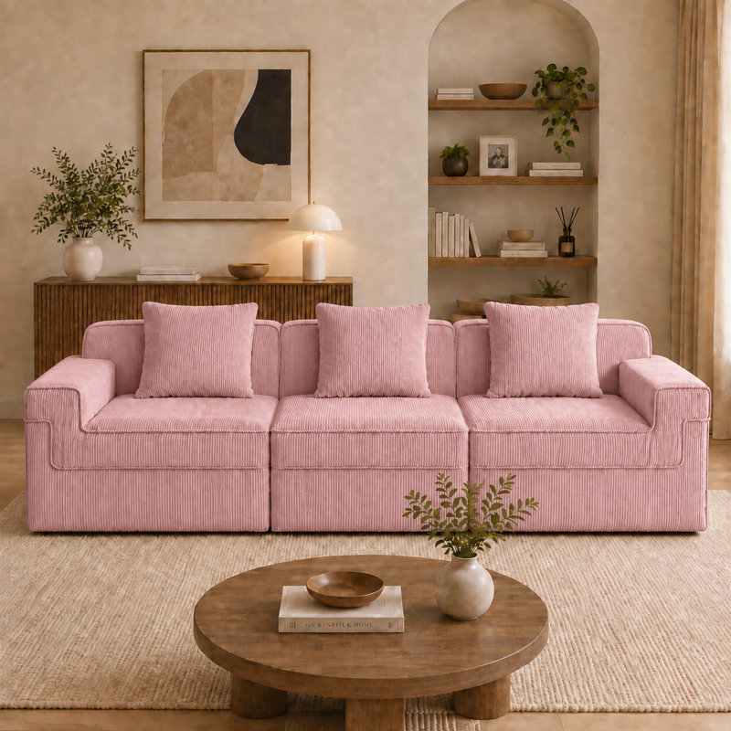 Canapé modulaire sans siège à 3 places, canapé à assise profonde avec revêtement en velours côtelé, coussins décoratifs et mousse haute résilience