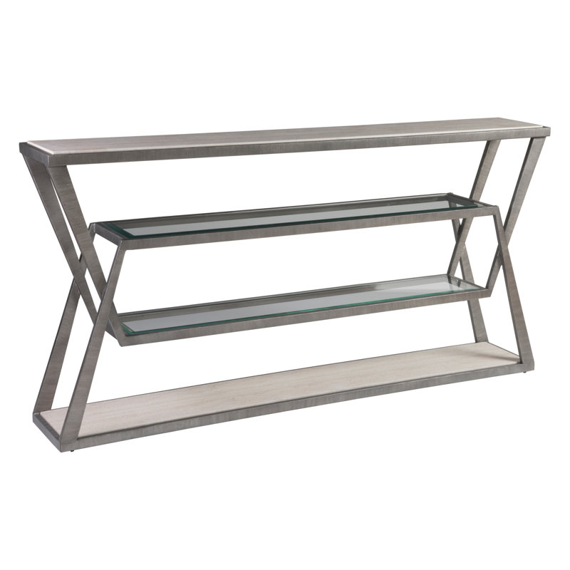 Adamo Silver and Beige Metal Glass Console Table with Storage