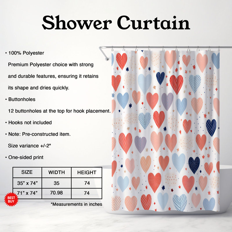 Motifs romantiques - Rideau de douche Premium, H 74 po x l 71 po