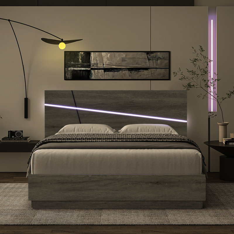 Modern Gray Panel Platform Bed Queen size with 3 Modes LED Light