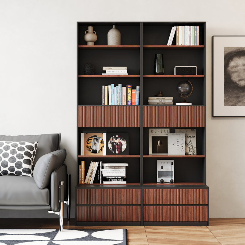 Ensemble de 2 bibliothèques de 78,7 po de hauteur avec repose-pieds mobile et tiroirs de rangement, Noir / brun