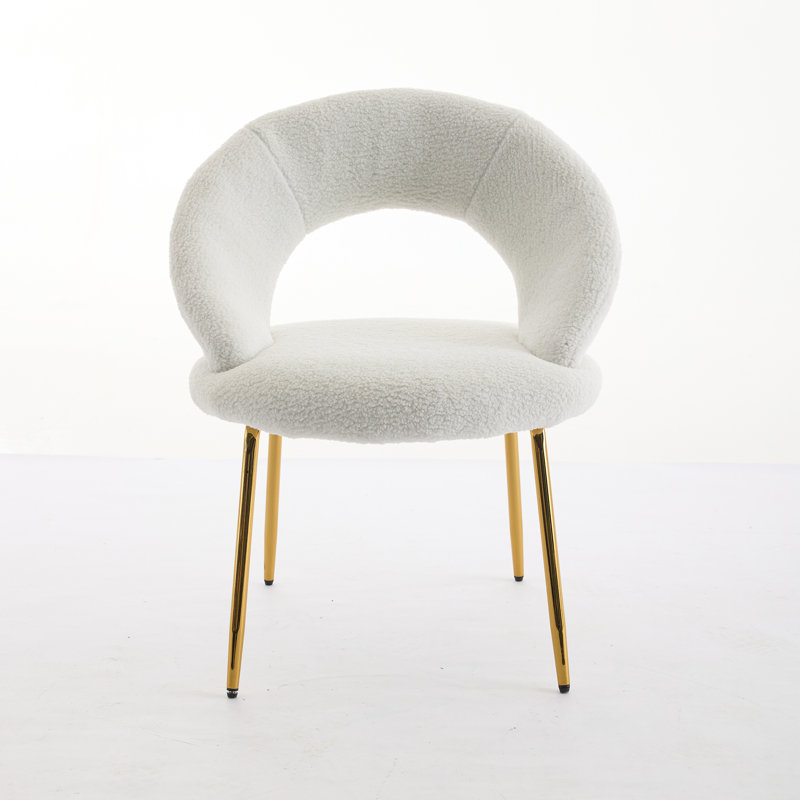 Set Of 1 White Teddy Fabric Dining Chair - Curved Ergonomic Backrest, Golden Metal Legs (22.83"d×25.98"w×31.89") , Wipe Clean For Dining Room/kitchen Home Indoor Seating