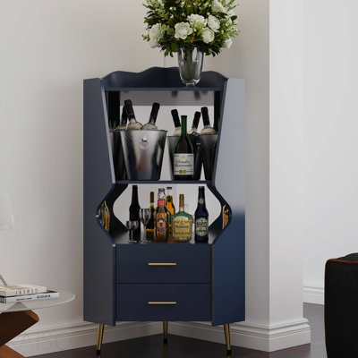 Bar en bois bleu avec 2 tablettes ouvertes et 2 tiroirs, buffet à dossier en miroir avec pieds hauts pour un nettoyage facile