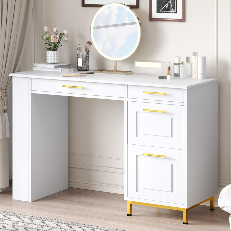 48 Inch Home Desk with Gold Handle Drawer and Power Outlet Computer Desk with Storage Shelf, White