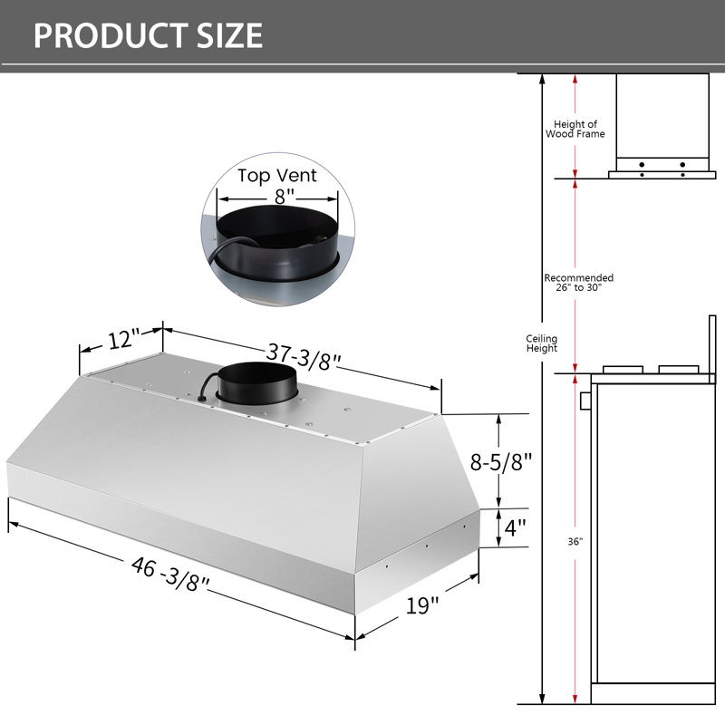 Insert de hotte de cuisinière, hotte à conduit en acier inoxydable ultra-silencieux 1200 pi³ / min avec lumières DEL à intensité variable et filtres allant au lave-vaisselle