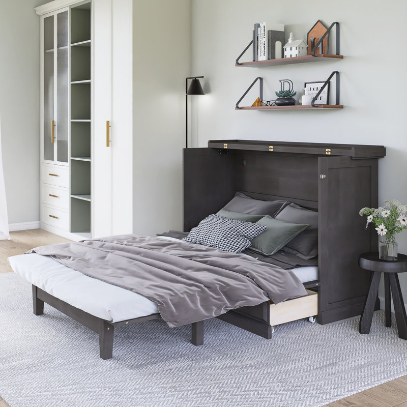 Lit escamotable en bois massif avec station de charge, tiroirs, Lit double, Gris