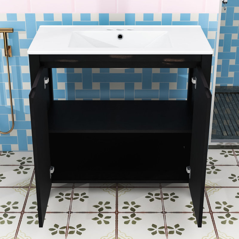 Meuble-lavabo de salle de bain avec lavabo en céramique, tablettes de rangement et portes à fermeture en douceur, Espresso