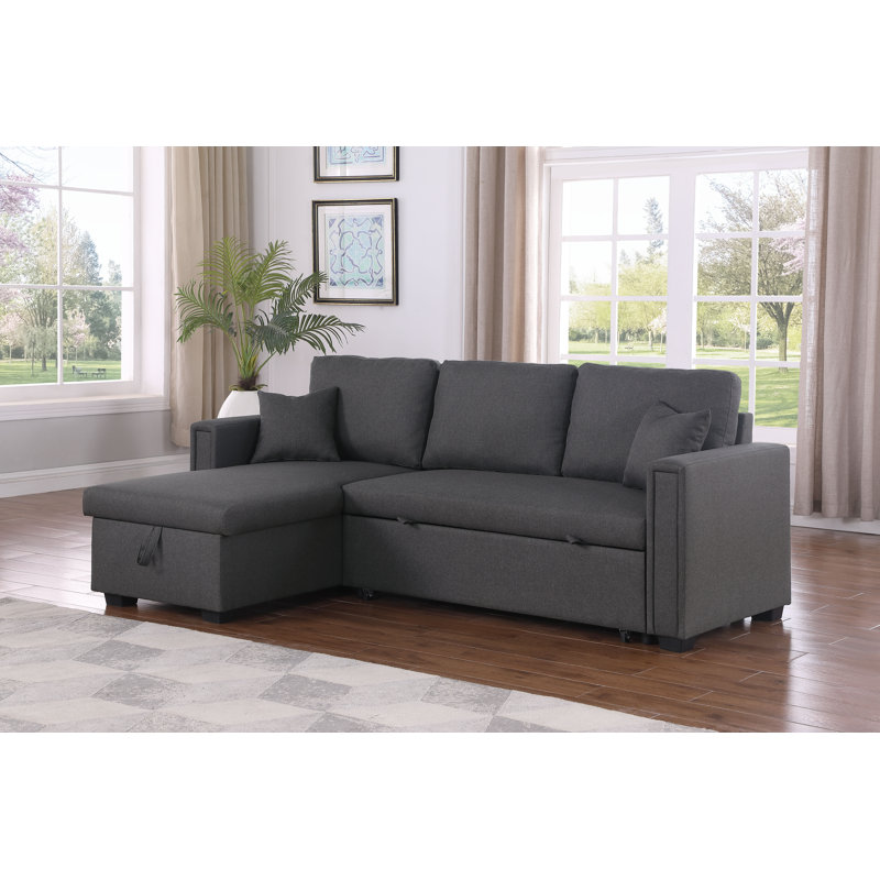 Dishaan Convertible Sleeper Sofa with Reversible Chaise, Dark Gray 100% Polyester
