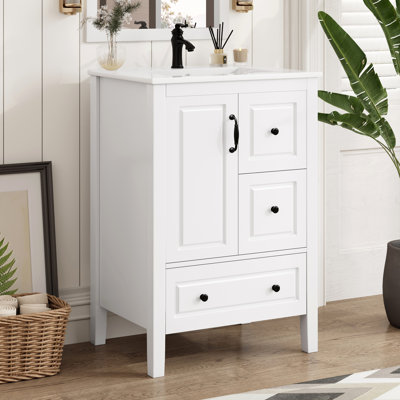 Meuble-lavabo 24 po avec lavabo, une armoire avec porte à fermeture douce, 3 tiroirs à fermeture douce, poignées en métal rétro