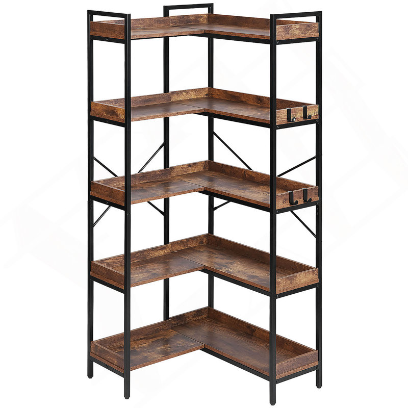 5 Tier Corner Bookshelf Tall Corner Bookcase With 4 Hooks L-Shaped Storage