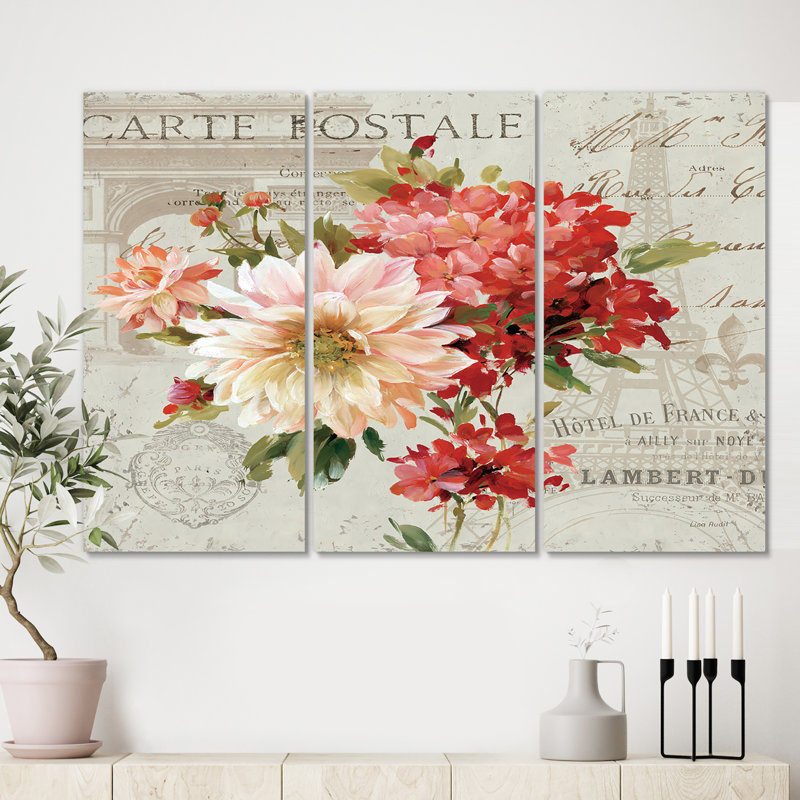 " Red Painted Flowers On Vintage Postcard I " 3 - Pieces, 28" H x 36" W x 1" D