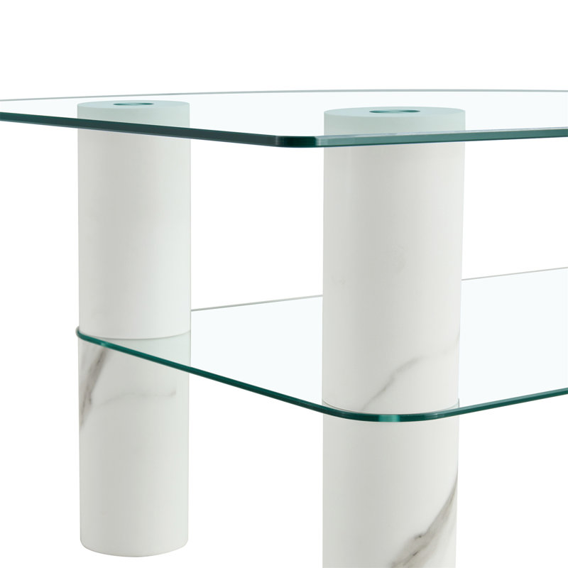 Minimalist Double-Layered Transparent Tempered Glass Computer Desk With Decorative Columns For Versatile Use