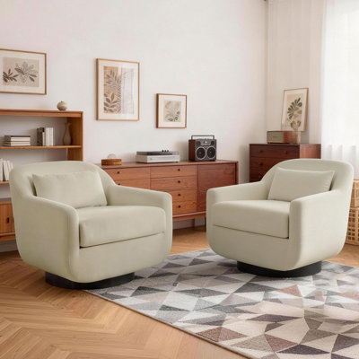 Upholstered Light Sand Chenille Swivel Oversized Lounge Armchair With Pillow And Metal Base (Set of 2)