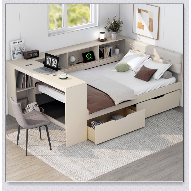 Lit plateforme en bois avec tablettes de rangement, tiroirs, station de charge et tête de lit tapissier