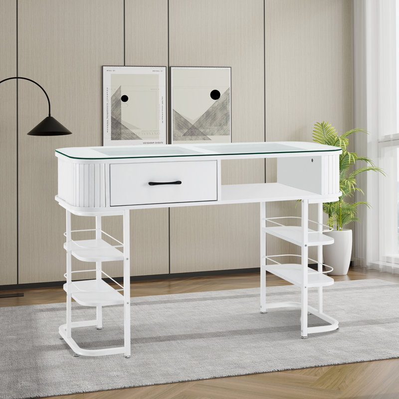 Table manucure moderne blanche, bureau Nail Tech avec plateau en verre