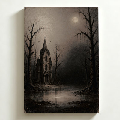 Tableau sur toile d'Halloween 40 x 60 cm. Chapelle gothique dans une forêt au clair de lune, entourée d'arbres nus et d'un étang miroitant. Impression sur toile, style romantisme sombre. Décoration murale moderne pour chambre, salon et bureau.